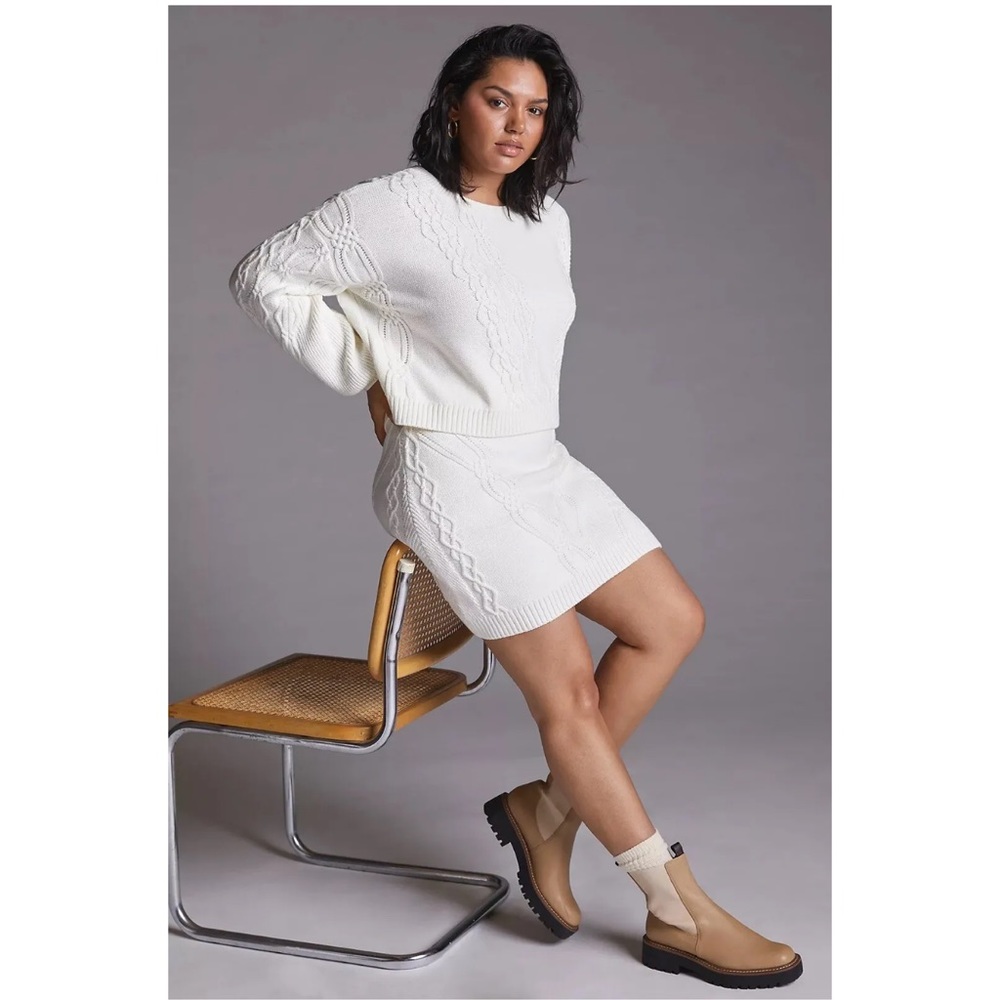 Anthropologie Maeve Cable-Knit Sweater Skirt Set Medium Ivory Elevated Basic